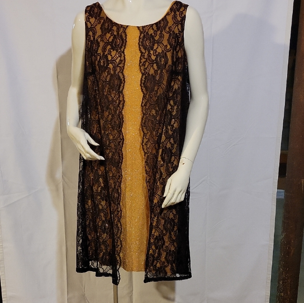 Elegant Black Lace Overlay Gold Vintage 70's Dress